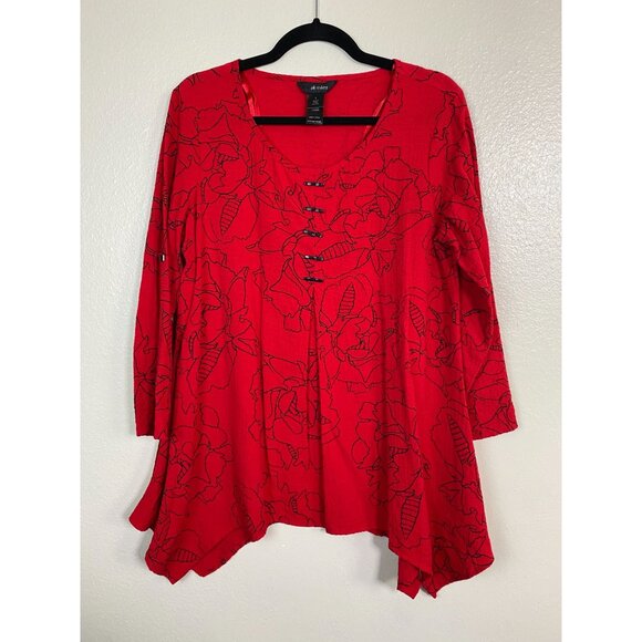Ali Miles Red Floral Asymmetrical Tunic Top size Small Lagenlook Boho - Picture 16 of 16